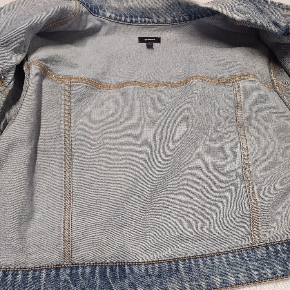Express Women's Blue Layered Cap Sleeve Cropped Denim Jean Jacket  Size Large - Picture 10 of 12